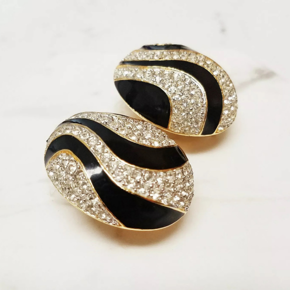 SOLDStJohn Black Enamel RhinestoneGoldClipEarrings - Picture 4 of 8